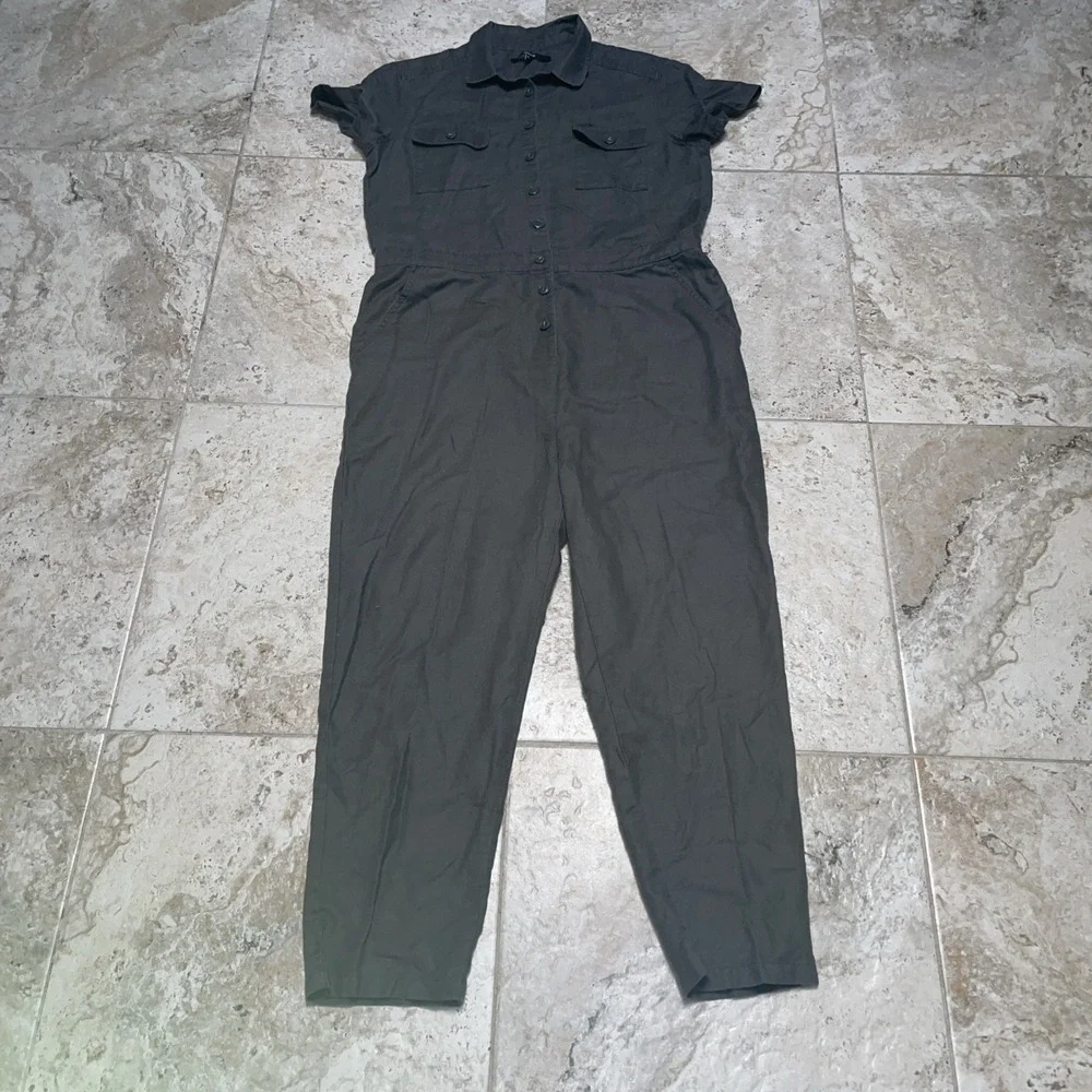 Quince Women's Large Dark Gray Cotton Linen Twill Coverall Jumpsuit Short Sleeve